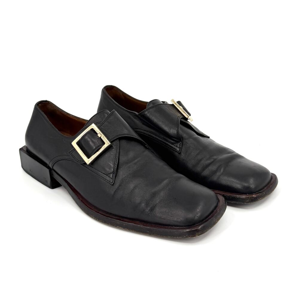 Vintage 90s Sergio Rossi Black Genuine Leather Square Toe Buckle Shoes